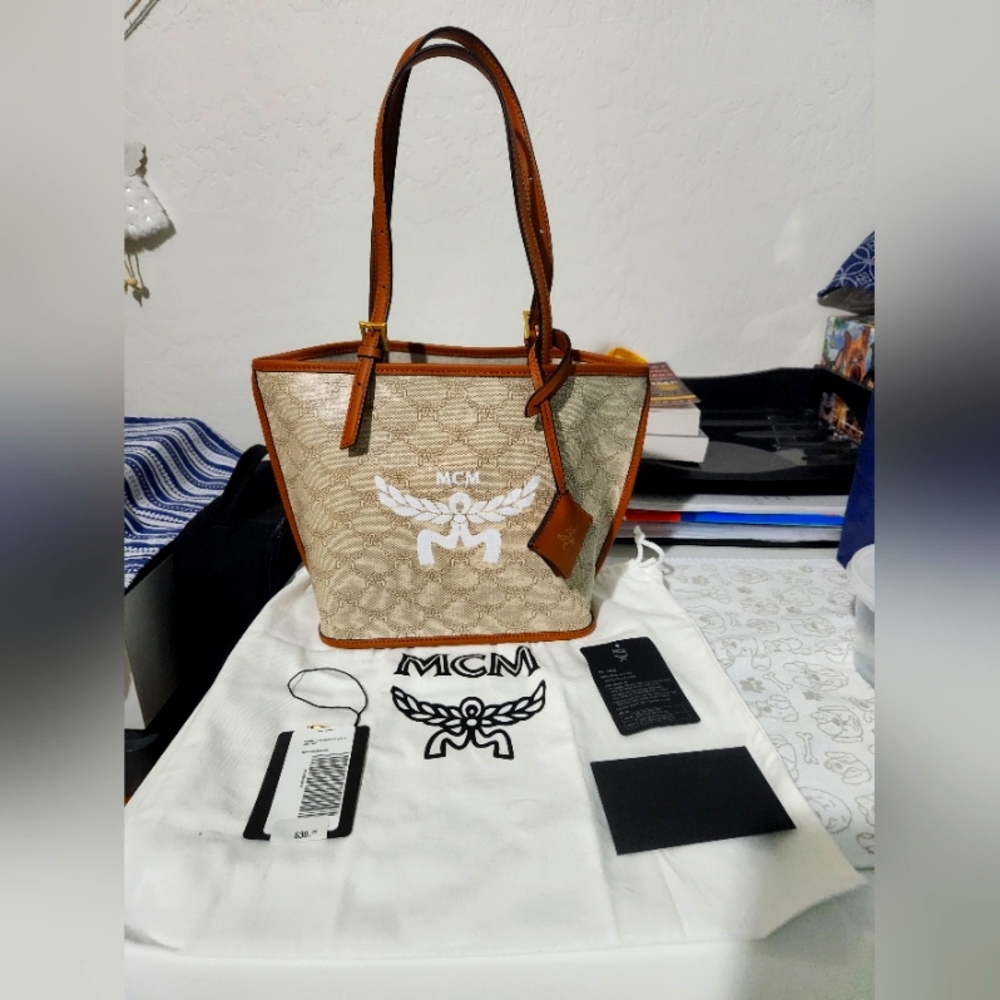 Authentic MCM Mini Cream and Brown Tote Bag with Monogram Pattern
